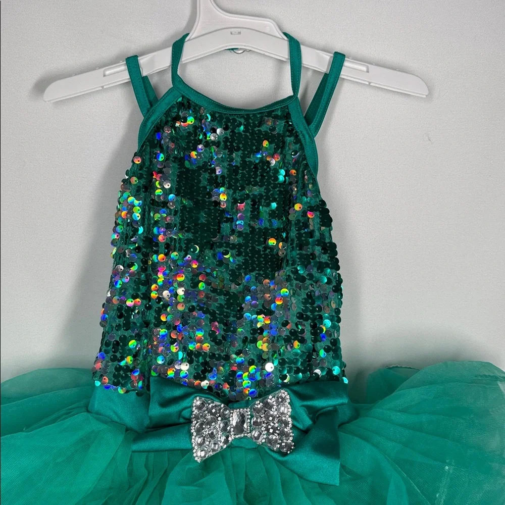 Weissman teal dance costume sequin bodice and a multi-layered tulle poof skirt